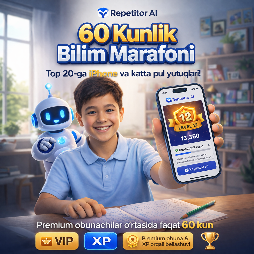 RepetitorAI 60 Kunlik Bilim Marafoni — iPhone 13, pul mukofotlari!